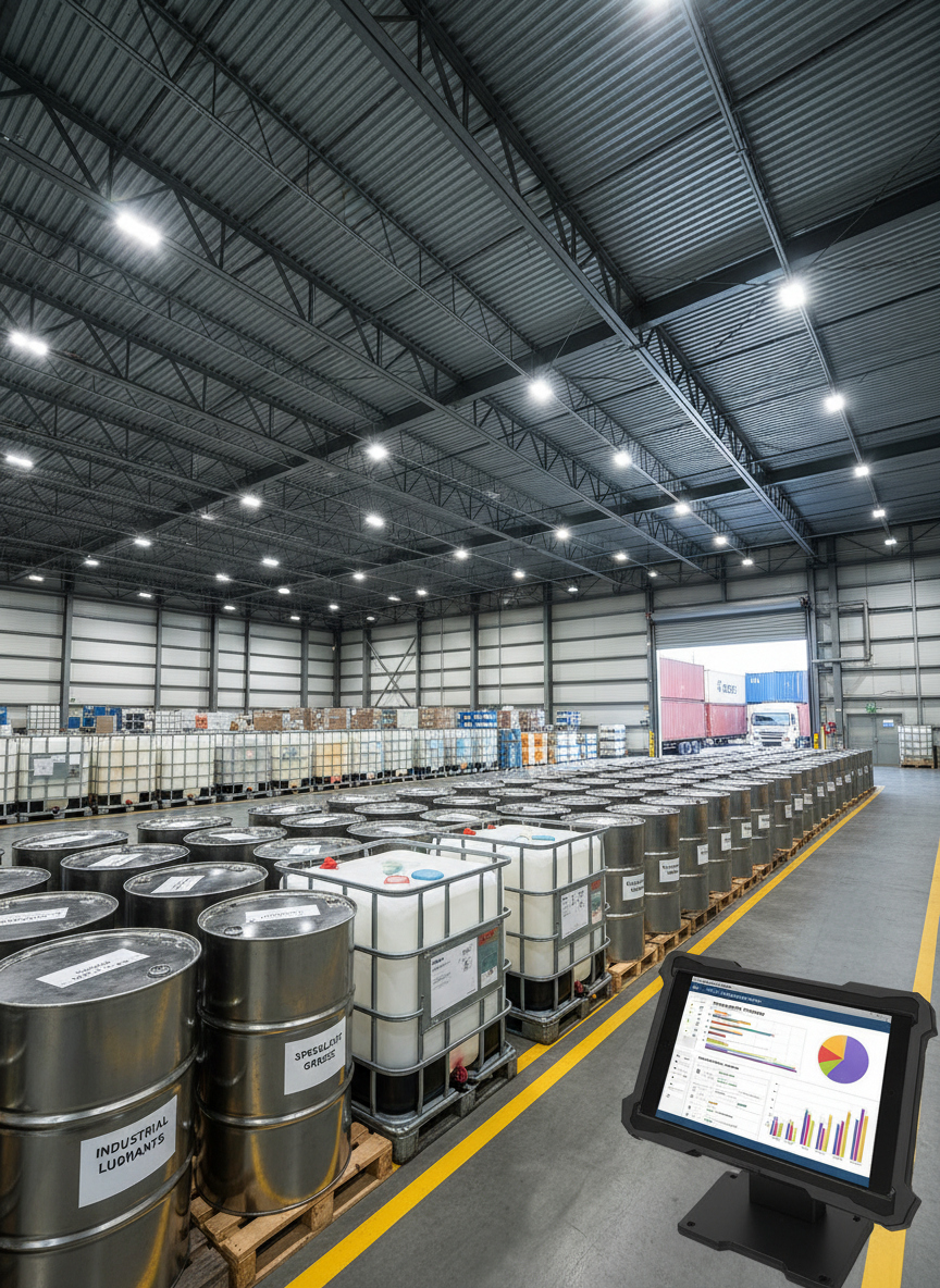 An expansive, well-organized industrial warehouse interior with high steel rafters, bright safety lighting, and wide, clearly marked aisles. In the foreground, pallets of neatly labeled steel drums and intermediate bulk containers filled with lubricants and greases are arranged in precise rows, their metallic surfaces reflecting cool white overhead light. A tablet mounted on a rugged stand shows a project tracking dashboard and shipment schedule. In the distant background, a large roller door reveals hints of a sunlit loading area and containers, suggesting cross-border logistics. Photographic realism captured from a low, slightly diagonal angle to emphasize depth and scale, creating a mood of efficiency, order, and reliability for industrial trading and project supply management.