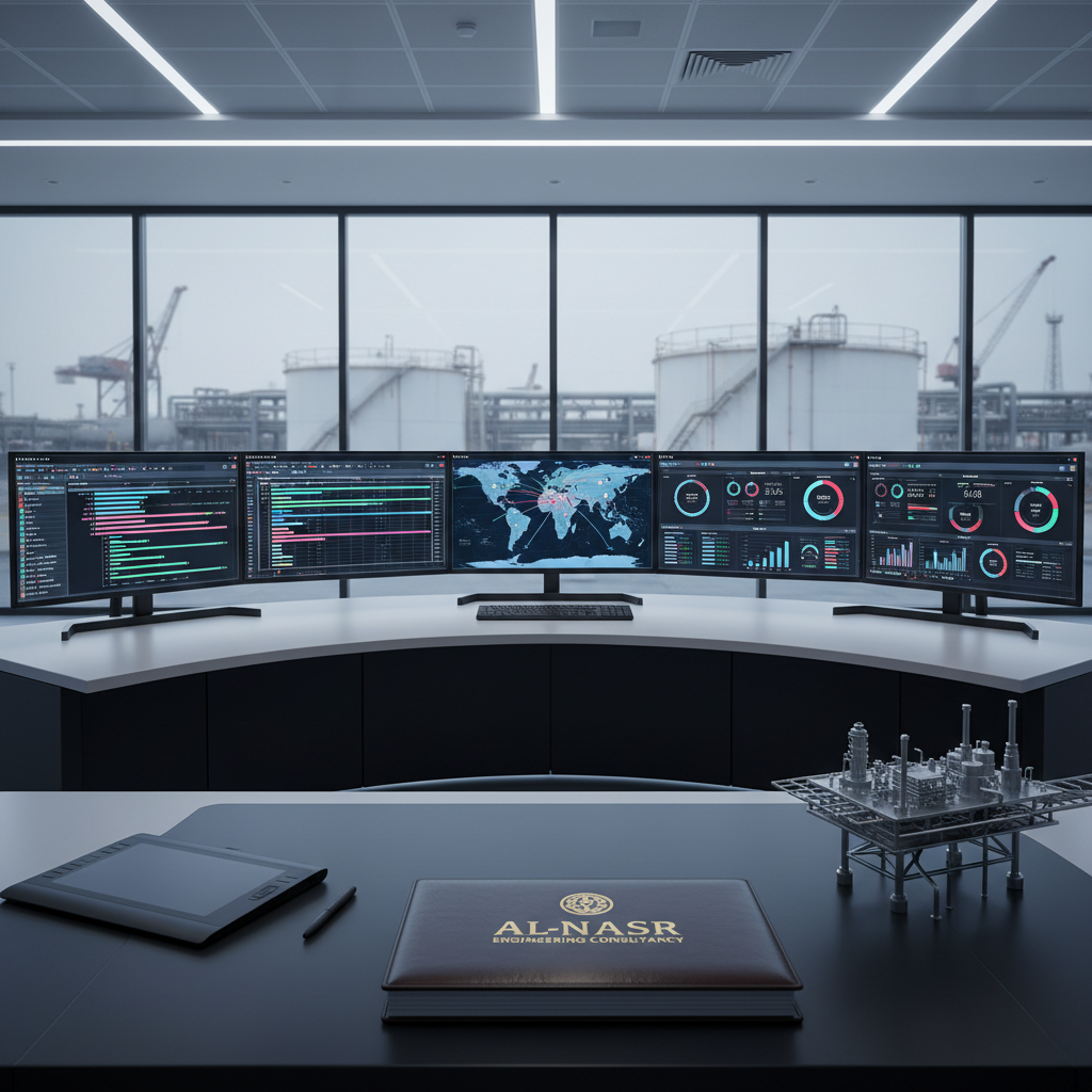 A sleek project control room featuring a wide curved dashboard of ultra-wide monitors showing Gantt charts, global maps with highlighted trade routes, and real-time performance metrics for industrial projects. In the foreground, a large matte-black desk holds a digital pen tablet, a neatly stacked project dossier, and a small metal model of an offshore facility. The background includes glass partitions revealing an adjacent industrial yard with blurred shapes of storage tanks and pipework. Cool, evenly distributed LED lighting creates a focused, high-tech atmosphere. Photographic realism from a slightly elevated angle, with crisp detail and a subtle depth of field, conveys precision, structure, and the sophistication of a UAE-based project management consultancy handling complex international operations.