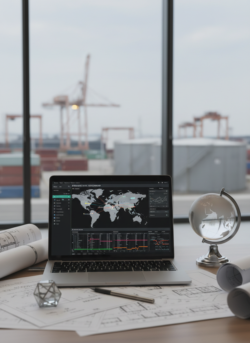 A close-up, photographic shot of a technical project planning desk in a modern UAE office, featuring a brushed-aluminum laptop displaying a detailed project roadmap and international collaboration dashboard. Around it are neatly arranged printed engineering drawings, a metal mechanical pencil, and a small globe made of matte glass and chrome highlighting the Middle East, Asia, and Europe. Through the blurred floor-to-ceiling window beyond the desk, the outline of an industrial port with cranes and storage tanks can be seen. Soft, diffused daylight from the window casts gentle shadows and subtle highlights on the paper textures and metal surfaces. The mood is calm, analytical, and forward-looking, with a rule-of-thirds composition and shallow depth of field that focuses on precise, professional project management for cross-border initiatives.